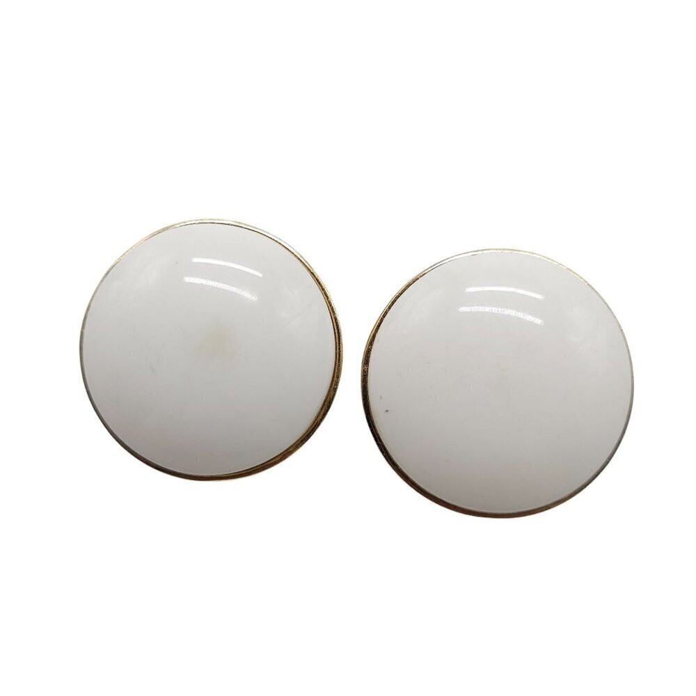 Vintage Trifari White Acrylic Clip On Earrings Gold Tone Round Domed 1 Inch